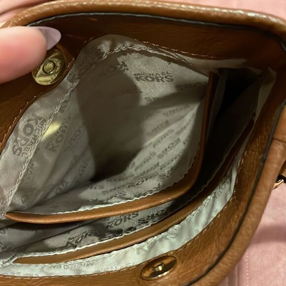 Authentic MK Michael Kors Fulton Tan Leather & Canvas Strap Crossbody Purse Bag - Picture 5 of 7